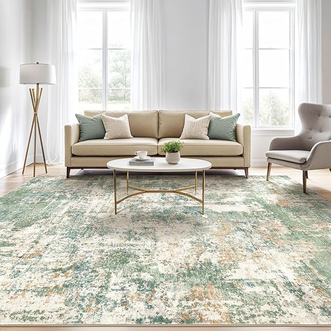 Area Rugs 9x12 Living Room: Washable Large Abstract Soft Green Rug Stain Resistant Indoor Floor Non-Slip Accent Carpet for Men Modern Home Enthusiasts Aged 25-45 - Bedroom Office Playroom