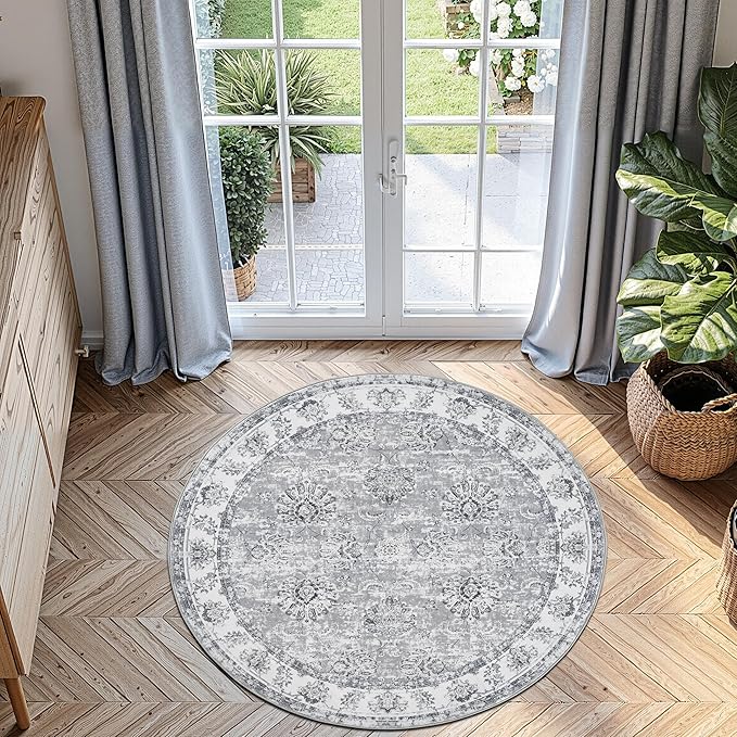 jinchan Round Rug 4ft Area Rug - Indoor Vintage Hallway Circle 4' Washable - Ultra-Thin Low Pile Soft Small Non Slip Distressed Floral Print for Living Room Dining Room Bedroom Entryway Grey