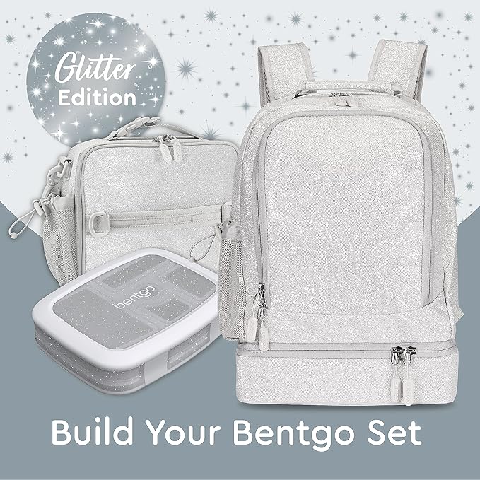 Bentgo Kids 2-in-1 Backpack & Insulated Lunch Bag - Glitter Designed 16” Backpack for School & Travel -, Durable, Water Resistant, Padded, & Large Compartments (Glitter Edition - Silver)