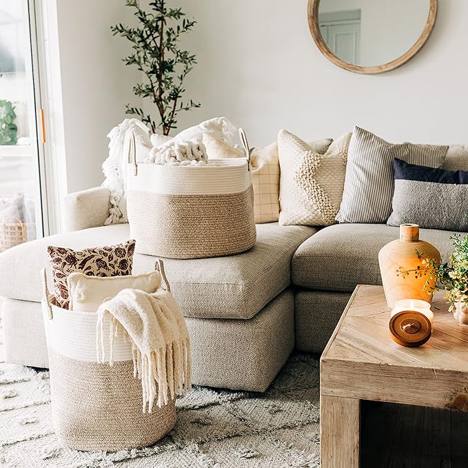 OrganiHaus Woven Laundry Basket, Large Cotton Rope Blanket Holder with Handles, Soft & Sturdy Nursery Hamper, Decorative Toy Bin for Living Room Organization 20x13 inches - Brown/Off-White