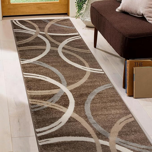 Rugshop Modern Wavy Circles Design Runner Rug 2' x 10' Brown