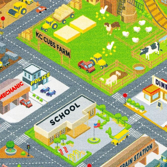 KC Cubs 8x10 Country Farm Construction Car Road Street Rug – Educational Carpet Play Mat for Kids, Toddlers Nursery, Classroom, Playroom, Baby Daycare