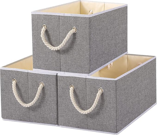 Yawinhe Foldable Fabric Storage Cubes 3-Pack, Collapsible Bins with Rope Handle, Large Closet Organizers for Shelves, Closets, Clothes, 14.96''Lx9.84''Wx8.26''H, Grey