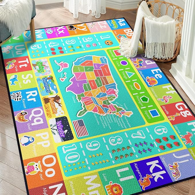 ABC Rug for Kids Playroom, 5'x 6'6" Washable Classroom Area Rugs, Educational Learning Mat with Alphabet Numbers Animals Seasons Shapes for Classroom Preschool Playroom