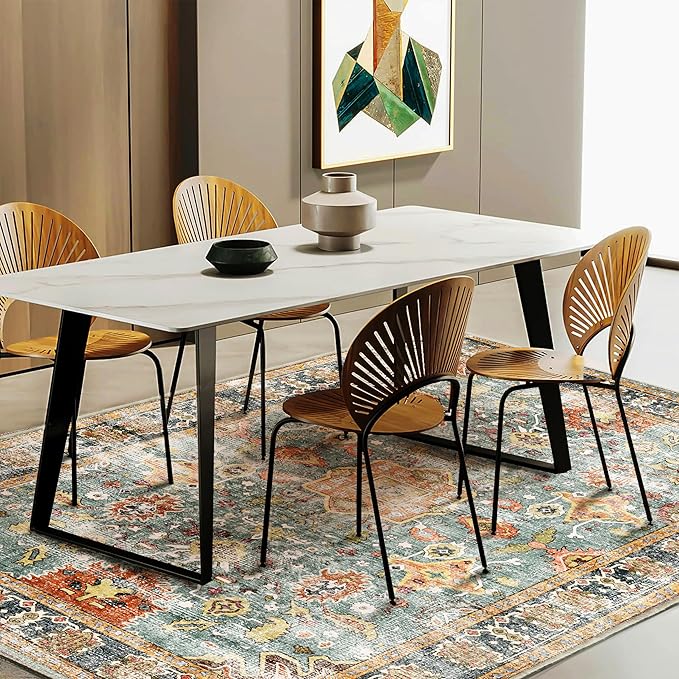 Area Rug 9'x12' Washable Vintage Traditional Mat Distressed Indoor Foldable Thin Retro Accent Floral Print Non Slip Carpet for Living Room Dining Room Office