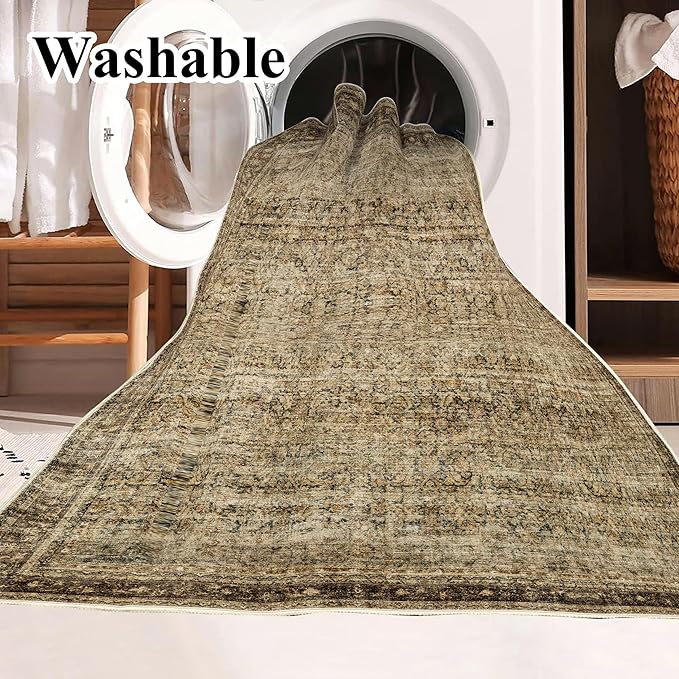 Area Rug 4x6 Washable Rug Brown Vintage Traditional Floor Cover Foldable Thin Retro Kitchen Accent Indoor Distressed Non Slip Carpet Floral Print Mat Bedroom Living Room